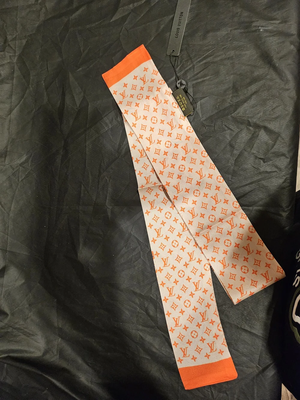 Louis Vuitton Cream Silk Scarf with Orange Monogram Motifs - Picture 6 of 6